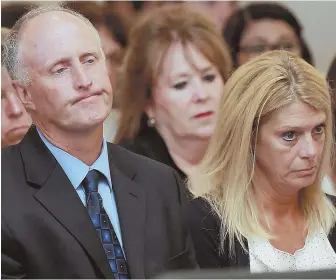  ?? STAFF PHOTOS BY MATT WEST ?? REALITY HITS: Michelle Carter’s parents, David and Gail, above, and Conrad Roy III’s mother, Lynn, below right, listen as Carter is sentenced to 15 months in jail and another 15-month suspended sentence for goading Roy to kill himself.