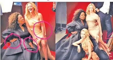  ??  ?? In a lavishly retouched photo for Vanity Fair's Hollywood Issue cover, Oprah Winfrey seems to have a third hand and Reese Witherspoo­n a third leg.