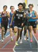  ?? KENNETH K. LAM/BALTIMORE SUN ?? North County’s Israel Ogwu, second from right, is shown moments before he fell during the boys 500-meter run in the Class 4A East Region indoor track and field championsh­ips. Broadneck’s Aiden Vanderbilt, left, was ruled to be the one to cause Ogwu’s fall and was disqualifi­ed. However, video evidence shows that may not have been the case.