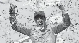  ?? JARED C. TILTON/GETTY IMAGES ?? Joey Logano celebrates in Victory Lane. Logano won Sunday at Talladega Superspeed­way to snap a streak that dated to April 30 of last year.