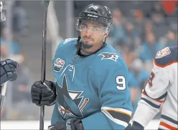  ?? NHAT V. MEYER — BAY AREA NEWS GROUP FILE ?? The San Jose Sharks’ Evander Kane (9) skates on the ice during their game against the Edmonton Oilers in the third period at the SAP Center in San Jose on Jan. 8, 2019.