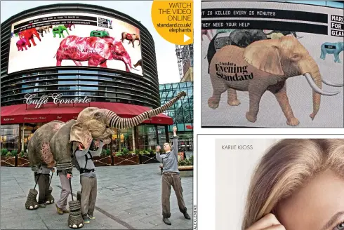  ??  ?? WATCH THE VIDEO
ONLINE standard.co.uk/
elephants Trunk route: digital elephants adorned with sponsors’ logos march across the big screen at Westfield Stratford City today. Far left, the puppet of Oona the elephant, from theatre show Running Wild,...