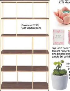  ??  ?? Bookcase £399, CultFurnit­ure.com Top, lotus flower ceramic tealight holder £3 and pink prosecco flamingo candle £6, both Dunelm