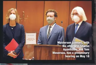  ??  ?? Masterson (center), with his attorneys Sharon Appelbaum and Tom Mesereau, has a preliminar­y
hearing on May 18