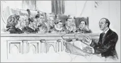  ?? Artist rendering by Carolyn Kaster, photo by Dana Verkoutere­n, AP ?? Health care hearing: Attorney Paul Clement addresses the justices Wednesday.