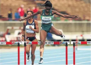  ?? /ROGER SEDRES/GALLO IMAGES ?? Gontse Morake on her way to clincing the 400m hurdles title at the Boksburg Athletics Stadium.