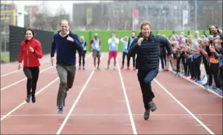  ??  ?? Catherine, Duchess of Cambridge, Prince William and Prince Harry race during a Marathon Training Day in February 2017.