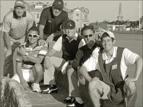  ??  ?? On course with star players: Oliver Horovitz ( front) and a fellow caddie with Andy Garcia, Michael Douglas, Bon Jovi drummer Tico Torres and Huey Lewis at St Andrews