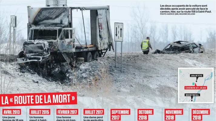  ?? PHOTO AGENCE QMI, MAXIME DELAND ?? Les deux occupants de la voiture sont décédés après avoir percuté de face le camion, hier, sur la route 158 à Saint-Paul.