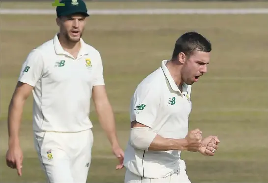  ?? Picture: AFP ?? ANOTHER STICK. Proteas speedster Anrich Nortje celebrates after taking the wicket of Pakistan’s Nauman Ali during the second day of the second Test at the Rawalpindi Cricket Stadium yesterday.