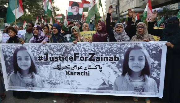  ?? AFP ?? Protesters call for justice on Saturday over the abduction, rape and murder of Zainab Ansari, 8, in the Kasur district of Punjab province on January 4