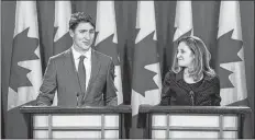  ?? SEAN KILPATRICK/THE CANADIAN PRESS ?? Prime Minister Justin Trudeau and Minister of Foreign Affairs Chrystia Freeland hold a press conference in Ottawa on Oct. 1 after reaching the United States Mexico Canada Agreement (USMCA.)