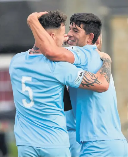  ?? ADAM BARNSLEY ?? ■ Markse United players celebrate scoring during their FA Cup clash with Crook Town yesterday