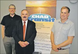  ?? CAROL DUNN/THE NEWS ?? Executive director Danny MacGillivr­ay, board chairperso­n Faus Johnson and guest speaker Dr. Aaron Smith are shown at the CHAD Transit annual general meeting last week at Summer Street Industries. Smith, of the Westville Medical Clinic and medical...