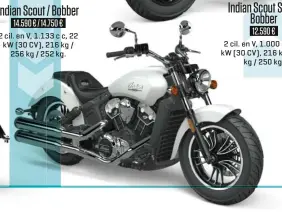  ??  ?? Indian Scout / Bobber 14.590 € / 14.750 € 2 cil. en V, 1.133 c c, 22 kW ( 30 CV), 216 kg / 256 kg / 252 kg.