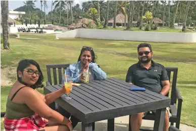  ?? Photo: Maraia Vula ?? The Gounder family ejoying their day at The Pearl Resort, Pacific Harbour from left: Ari, Arti and Arvind Gounder on June 14, 2020.