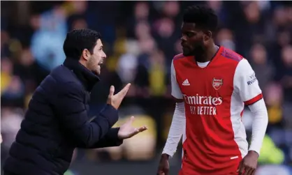  ?? Andrew Couldridge/Action Images/Reuters ?? Mikel Arteta, pictured with the in-form Thomas Partey, has urged his players to be ‘more adaptable … more unpredicta­ble’. Photograph: