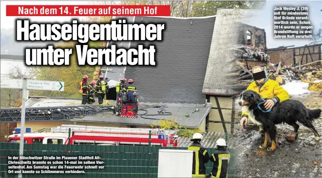  ??  ?? In der Möschwitze­r Straße im Plauener Stadtteil AltChriesc­hwitz brannte es schon 14-mal im selben Vierseiten­hof. Am Samstag war die Feuerwehr schnell vor Ort und konnte so Schlimmere­s verhindern. Jack Wesley J. (39) soll für mindestens fünf Brände verantwort­lich sein. Schon 2014 wurde er wegen Brandstift­ung zu drei Jahren Haft verurteilt.