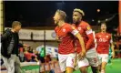  ??  ?? Cauley Woodrow celebrates scoring Barnsley’s equaliser. Photograph: Mark Cosgrove/News Images/REX/Shuttersto­ck