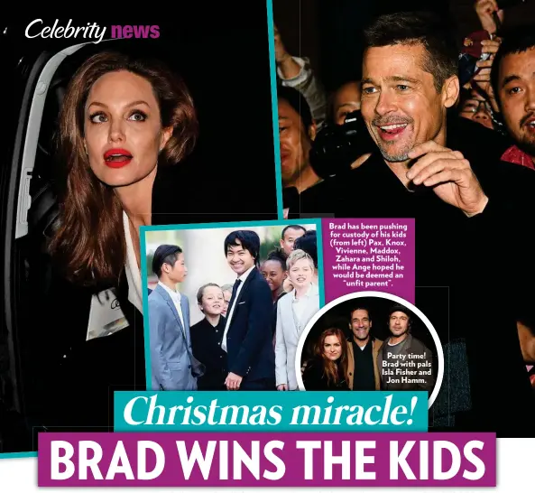  ??  ?? Brad has been pushing for custody of his kids (from left) Pax, Knox, Vivienne, Maddox, Zahara and Shiloh, while Ange hoped he would be deemed an “unfit parent”. Party time! Brad with pals Isla Fisher and Jon Hamm.