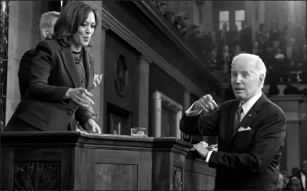  ?? JACQUELYN MARTIN / ASSOCIATED PRESS ?? President Joe Biden talks with Vice President Kamala Harris on Feb. 7 after the State of the Union address at the Capitol in Washington.