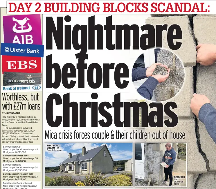  ??  ?? Bank/lender: Ulster BankNo of properties with mortgage: 38 Mortgages: €6,118,000 Bank/lender: Permanent TSBNo of properties with mortgage: 33 Mortgages: €4,523,100 Bank/lender: OtherNo of properties with mortgage: 9 Mortgages: €600,000 SHATTERED DREAM The Crumlish home BEMUSED Harry examines block