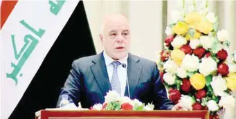  ?? — Reuters ?? Iraqi Prime Minister Haider al Abadi speaks during the first session of the new parliament in Baghdad, Iraq, on Monday.