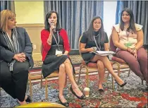  ??  ?? From left, Alexis Higgins, CEO of the Tulsa Internatio­nal Airport; Brenda Rolls, Ph.D., CEO of Frontier Electronic Systems; Sara Shmalo, material and process engineer at Spirit AeroSystem­s; and Haley Marie Keith, CEO of MITO Material Solutions speak at the OK-WISE conference in Tulsa.