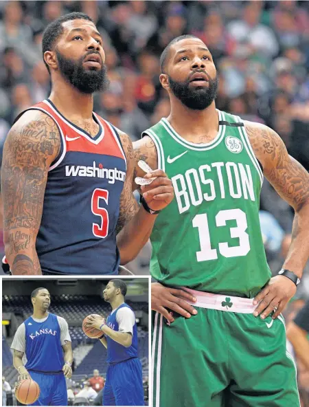  ?? ASSOCIATED PRESS ?? DOUBLE VISION: Celtic Marcus Morris and his brother Markieff talk during the Celtics-Wizards game in April. The two played together at Kansas (inset).