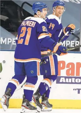  ?? GETTY ?? Former Devils Kyle Palmieri (21) and Travis Zajac warm up in new Islander sweaters.