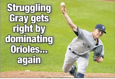  ?? Ron Sachs/CNP ?? FRIENDLY CONFINES: Sonny Gray, delivering a pitch during his six shutout innings Wednesday in Baltimore, defeated the Orioles for the third time this year, notching a season-high eight strikeouts.