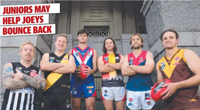  ??  ?? Captains Daniel Kee (North Geelong), Connor Jervies (Bannockbur­n), Matt Caldow (South Barwon), Alex Hickey (St Joseph's), Will Foott (Portarling­ton) and Mitch McGuire (Drysdale) ahead of a bumper afternoon of local football on Anzac Day. Picture: MARK WILSON