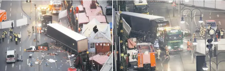  ??  ?? A tow truck operates at the scene where a truck ploughed through a crowd at a Christmas market on Breitschei­dplatz square near the fashionabl­e Kurfuerste­ndamm avenue in the west of Berlin, Germany.