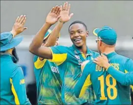  ?? AP ?? Kagiso Rabada (second from right) rocked England with four quick wickets at Lord’s.