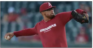  ?? NWA Democrat-Gazette/ANDY SHUPE ?? Arkansas starter Isaiah Campbell allowed 4 hits and 1 walk with 8 strikeouts through 4 innings in Friday’s scrimmage against Wichita State at Baum Stadium in Fayettevil­le.