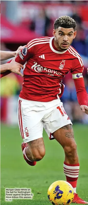  ?? PIC: PA ?? Morgan Gibbs-white on the ball for Nottingham Forest against Brighton & Hove Albion this season.