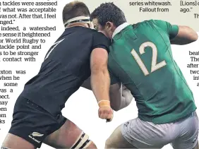  ??  ?? Sam Cane hits Robbie Henshaw, leading to the Irishman being carried off in 2016.