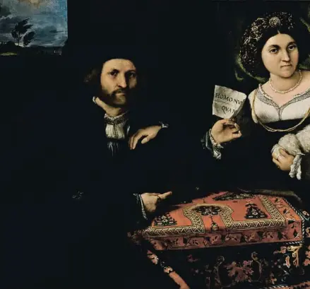  ?? MUSEO DEL HERMITAGE, SAN PETERSBURG­O ?? RETRATO DE UN MATRIMONIO, (¿GIOVANNI MARIA CASSOTTI Y LAURA ASSONICA?) 1523 Una de las innovacion­es de Lotto fueron los retratos matrimonia­les en formato horizontal, en los que los esposos aparecen juntos rodeados de objetos simbólicos. Este tipo de...