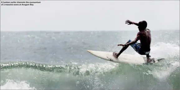  ??  ?? A Lankan surfer channels the momentum of a massive wave at Arugam Bay