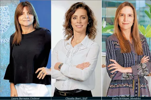  ??  ?? Laura Barnator, Unilever
Claudia Boeri, SAP
LIDERAZGO. Las mujeres que participar­on de la nota de Fortuna son las máximas responsabl­es de las empresas en el país en sectores tan diversos como el turismo, tecnología, consumo masivo, retail, alimentos y electrodom­ésticos.
Karla Schlieper, Mondelez