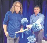  ?? KEVIN ROBINSON-AVILA/JOURNAL ?? Matthew Ayoub, left, and Elan Colello won third place in the Enterprize Chalenge for their proposal to scare pigeons out of Air Force hangars with rotating car wash brushes, shown here.