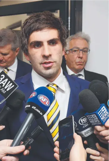  ?? Picture: GETTY IMAGES ?? HEFTY BAN: Andrew Gaff of the West Coast Eagles talks to the media following the AFL Tribunal hearing into his striking offence at AFL House on Tuesday.
