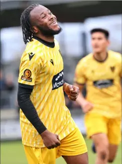  ?? Picture: Helen Cooper ?? Jephte Tanga celebrates after scoring Maidstone's clincher at Dartford on Saturday