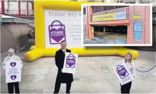  ??  ?? Council leader Miles Parkinson, MP Sara Britcliffe and Conservati­ve group leader Marlene Haworth at the launch of Think Big, Shop Local campaign. They have all called on bosses at the Arndale (inset) to review their parking charges