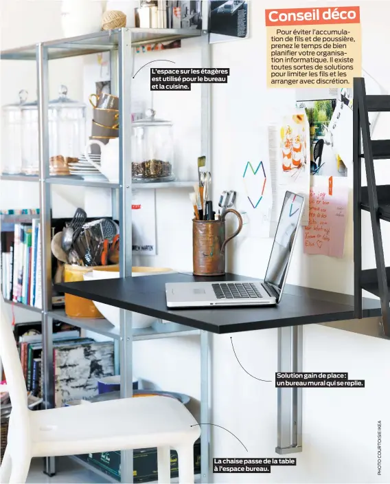  ??  ?? L’espace sur les étagères est utilisé pour le bureau et la cuisine.
Solution gain de place : un bureau mural qui se replie.
La chaise passe de la table à l’espace bureau.