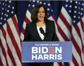  ?? AP PHOTO/CAROLYN KASTER ?? Democratic vice presidenti­al candidate Sen. Kamala Harris, D-Calif., speaks in Washington, on Aug. 27.