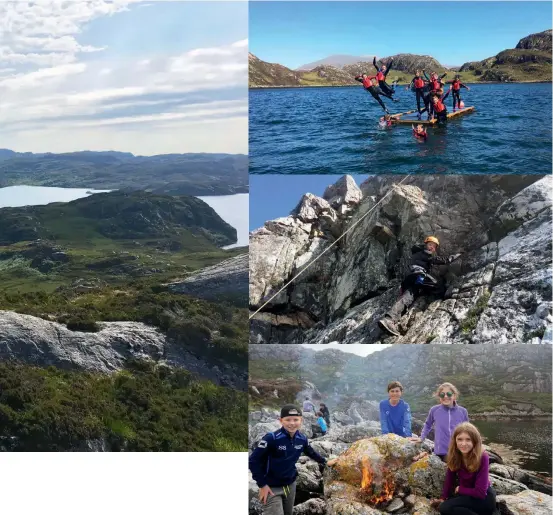  ??  ?? Taking a moment to soak in those glorious views; making a splash in Loch A Chadh Fi; a spot of rock climbing is on the agenda; learning to light fires for cooking with flint and steel is an essential skill on ‘survival island’. Clockwise from top left: