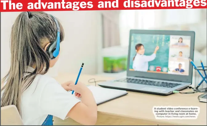  ?? Picture: https://news.cgtn.com/news ?? A student video conference e-learning with teacher and classmates on computer in living room at home.