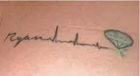  ?? COURTESY OF KIM WINGER ?? Kim Winger chose this tattoo, which uses the actual heartbeat readout from the final moments of her son, Ryan Shwonek's, life. Ryan's organs were donated to several recipients.