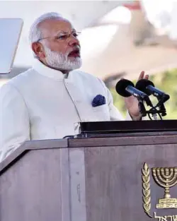  ??  ?? Prime Minister Narendra Modi delivering his press statement on arrival in Tel Aviv, Israel, on July 4, 2017